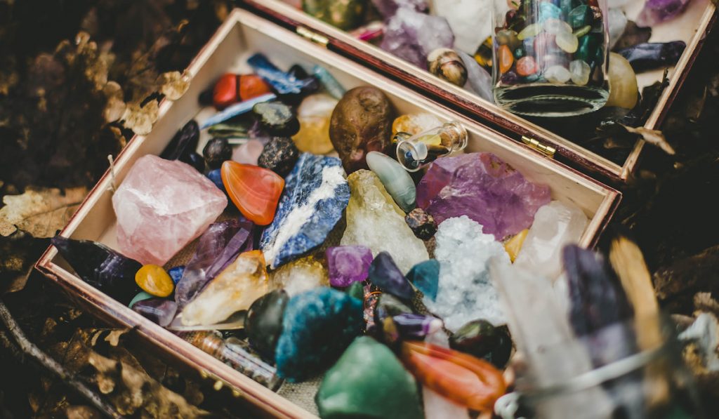 colorful crystal stones in a box 